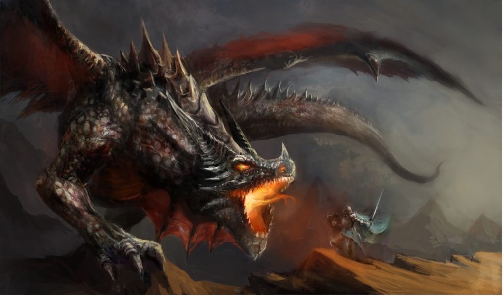 A dragon fighting a person