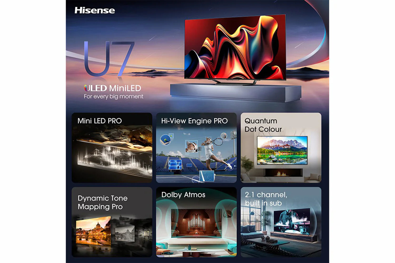 55" Hisense 55U7NQTUK Premium 4K HDR Smart Mini LED TV - Electronic World TV